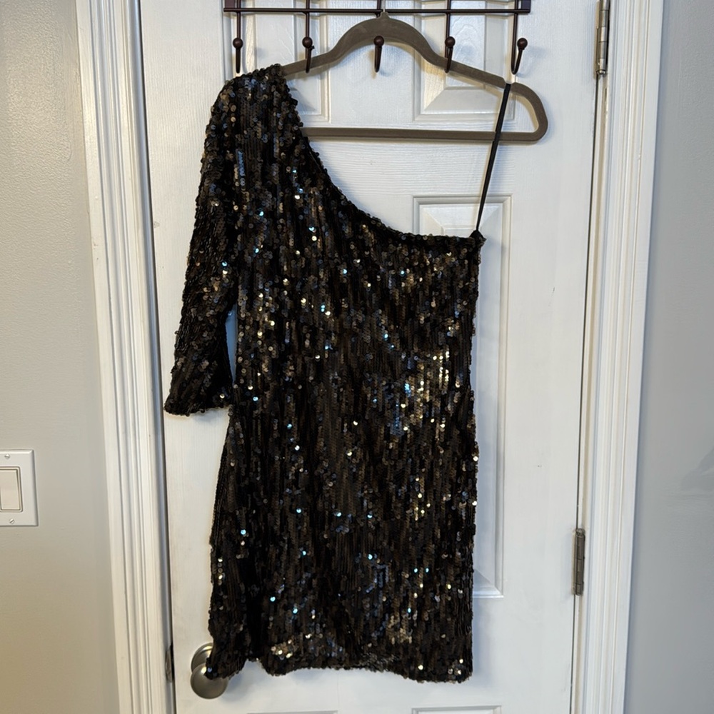 Alberto Makali Vintage Brown Sequin Asymmetrical Dress w/ One Sleeve